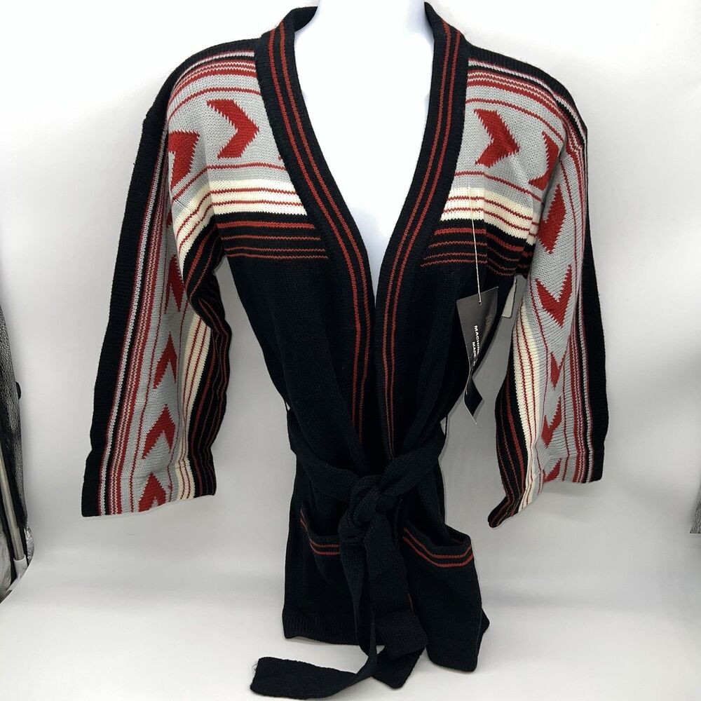 VTG 70s 100% Acrylic Striped Aztec Inspired Multicolored Wrap Cardigan w/Belt -M